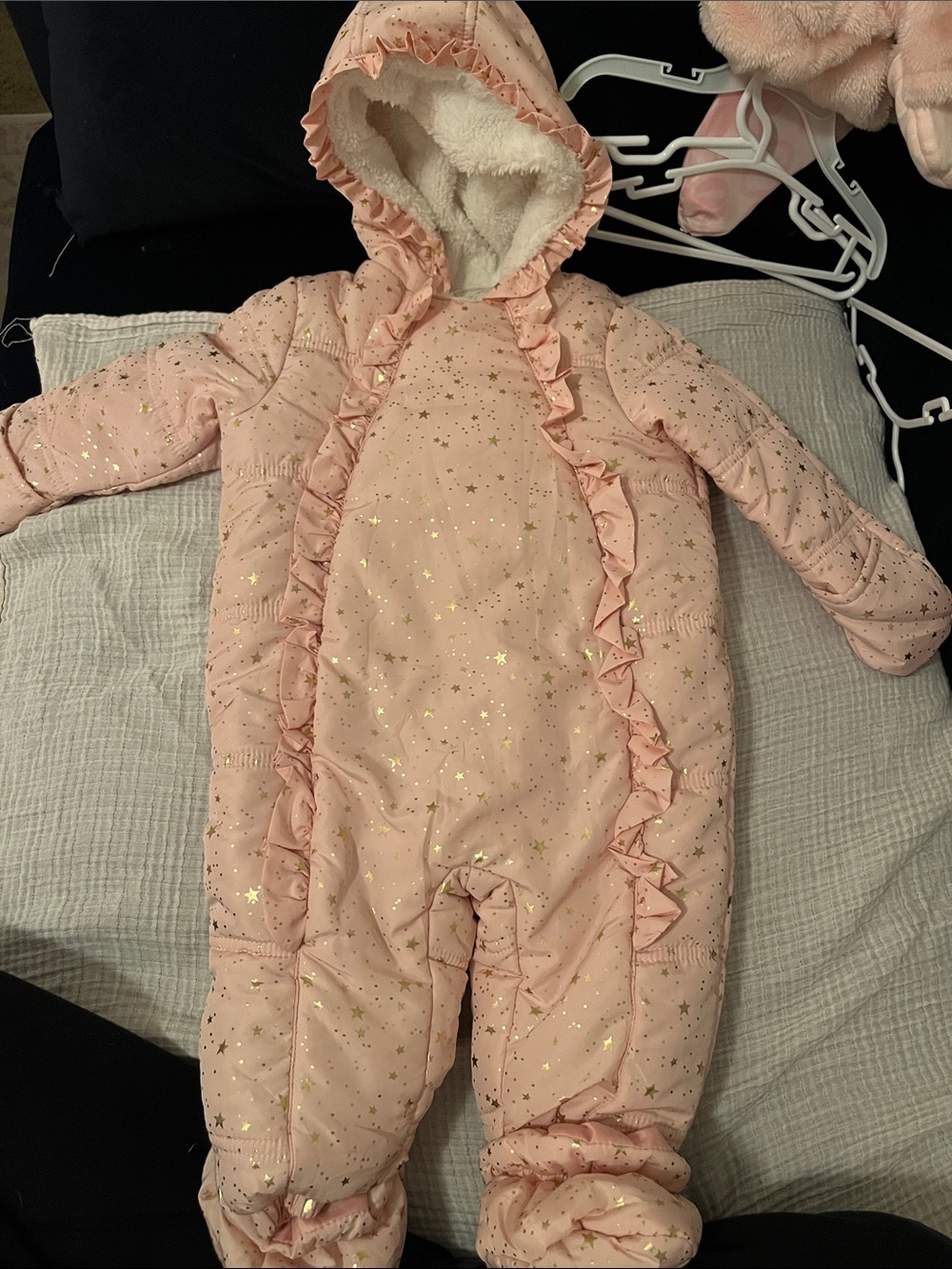 First Impressions bunting Pink Gold Star Sherpa-Lined Puffer One-Piece